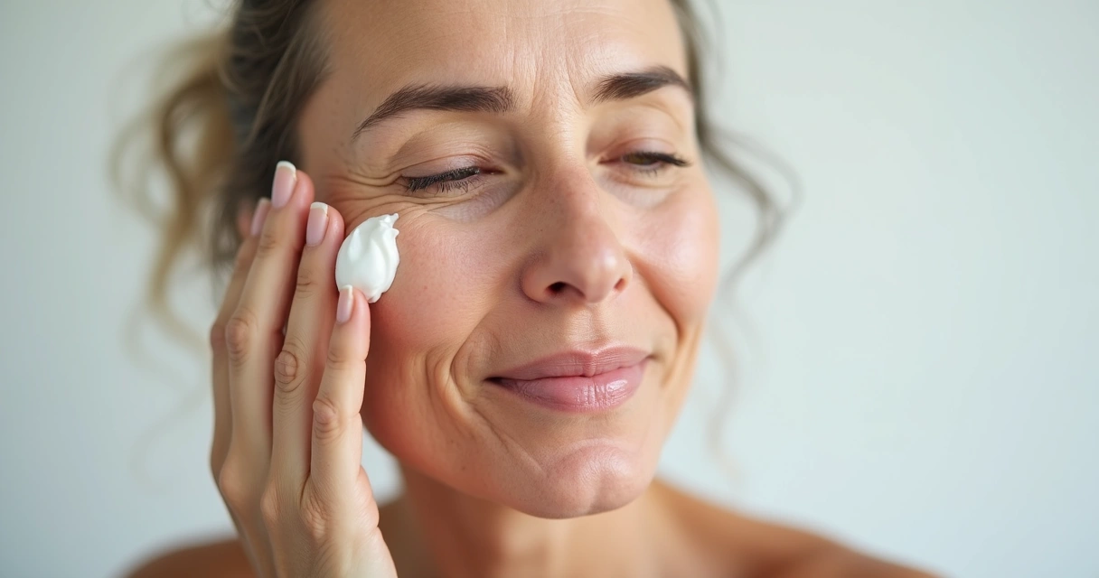 Mulher cuidando do rosto com creme facial, fundo branco claro 