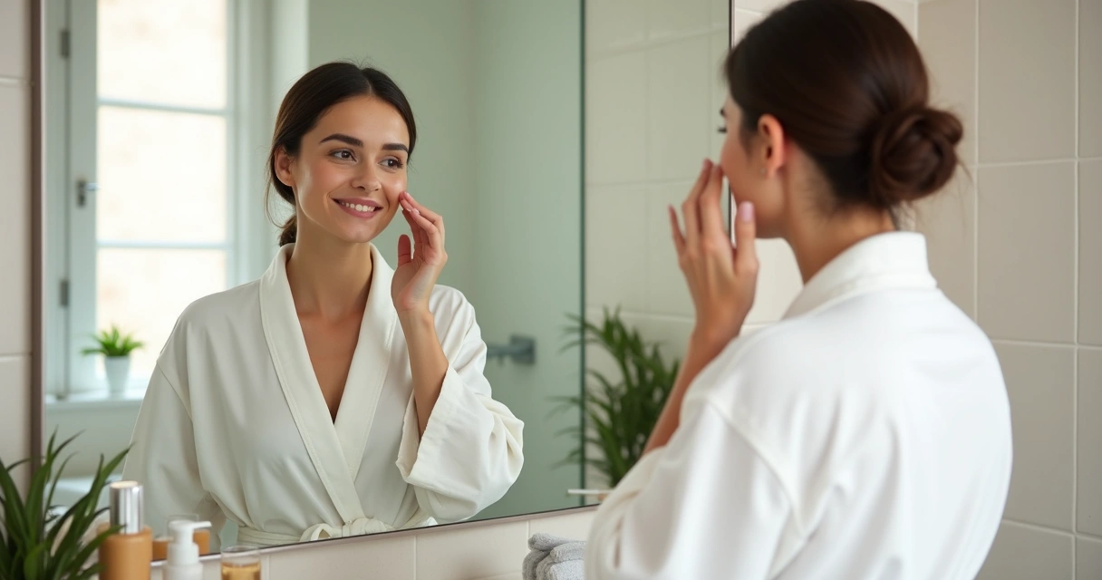 Mulher tocando suavemente o próprio rosto diante do espelho em banheiro claro 