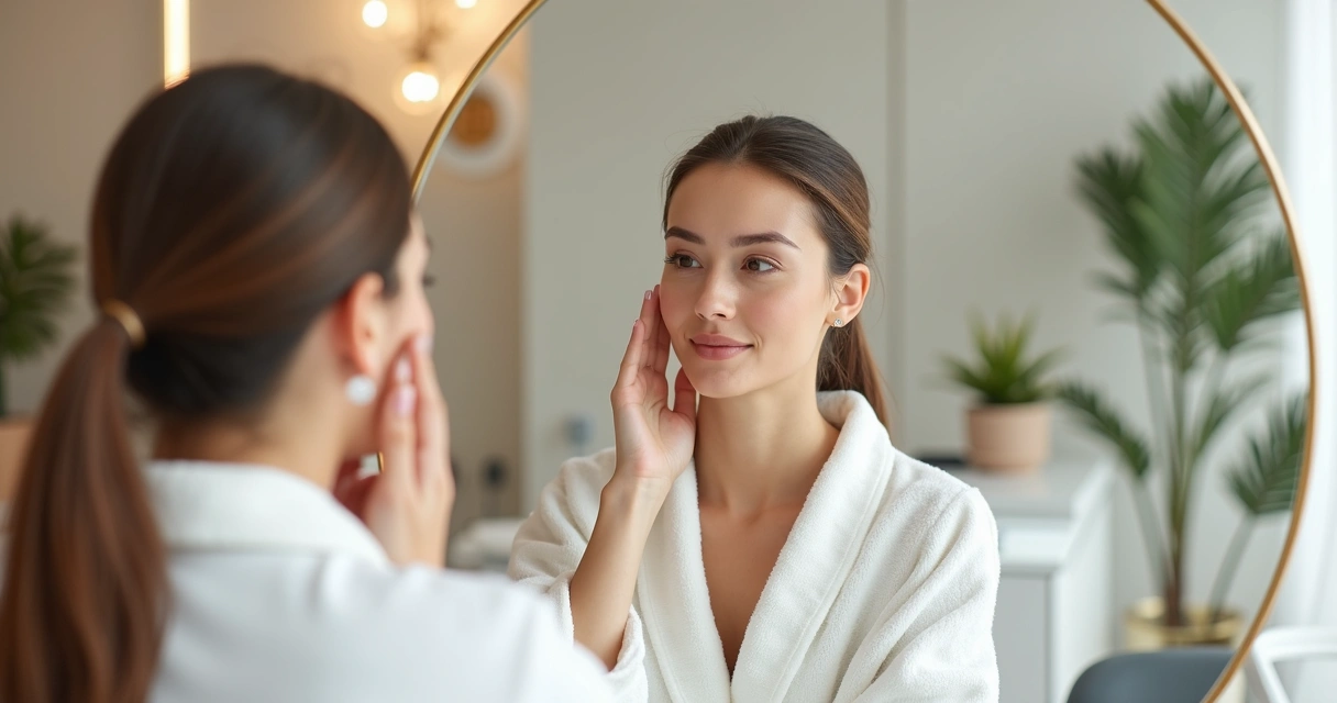 Mulher em consultório aplicando creme no rosto 