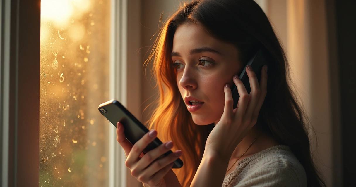 Mulher segurando o celular e demonstrando curiosidade ouvindo áudio de tarot 
