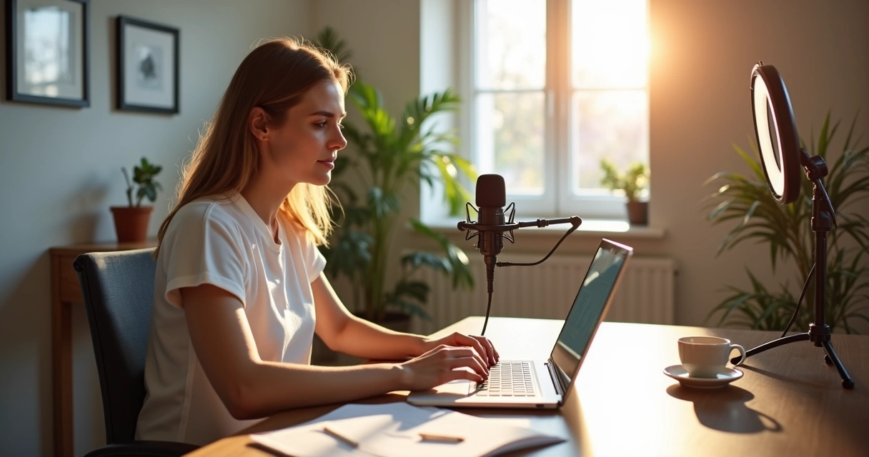Mulher gravando aula em casa usando notebook e anotações 