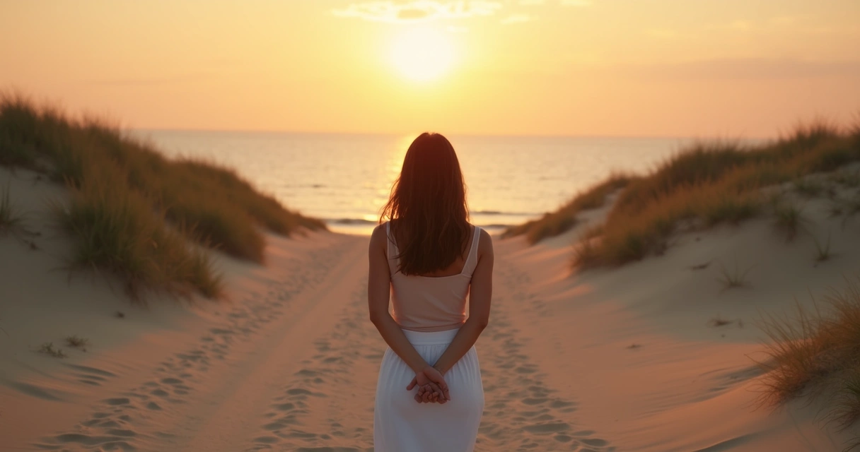 Mulher parada na areia olhando para dois caminhos diferentes na praia. 