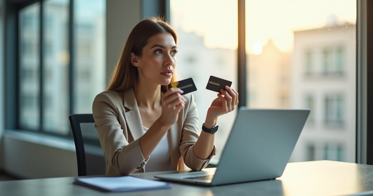Mulher de negócios analisando cartões de crédito em mãos 