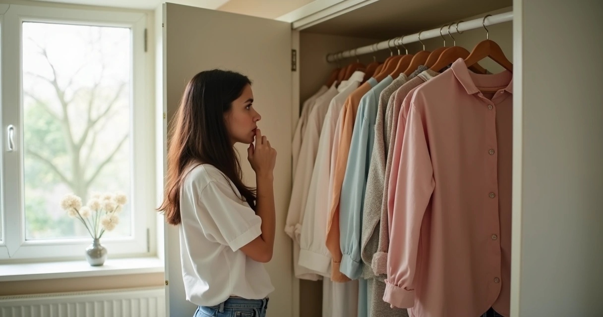 Mulher olhando roupas penduradas no armário 