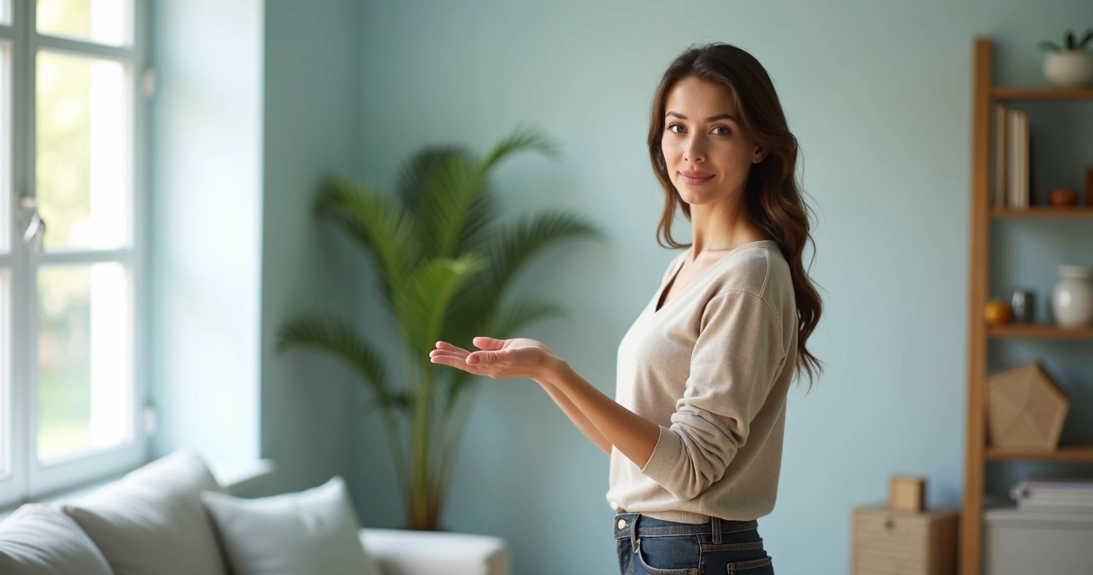 Mulher tranquila com a mão estendida à frente em gesto de limite saudável 