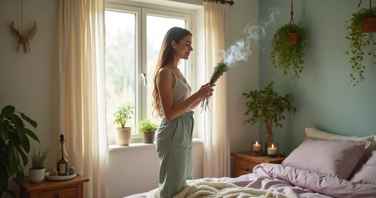 Mulher defumando quarto pequeno com bastão de ervas