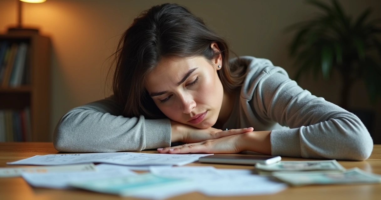 Mulher olhando preocupada para contas e celular na mesa 