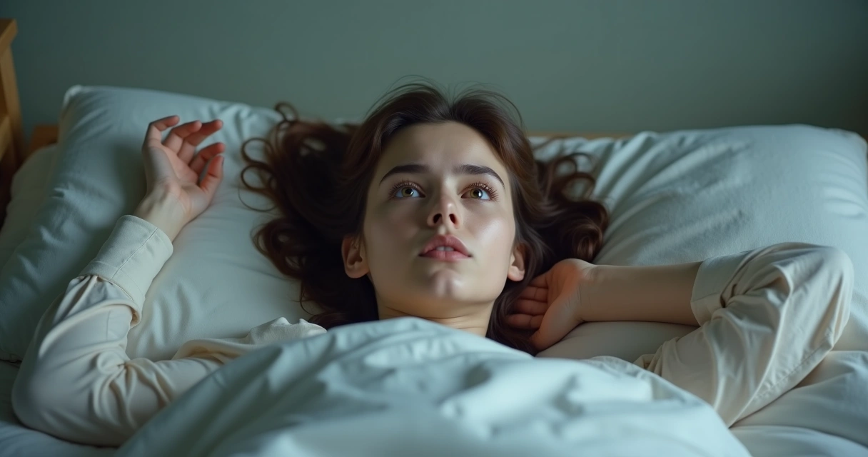 Mulher jovem deitada olhando o teto, expressão exausta e confusa, quarto com luz suave 