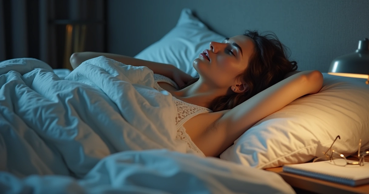 Mulher deitada na cama olhando para o teto com expressão cansada