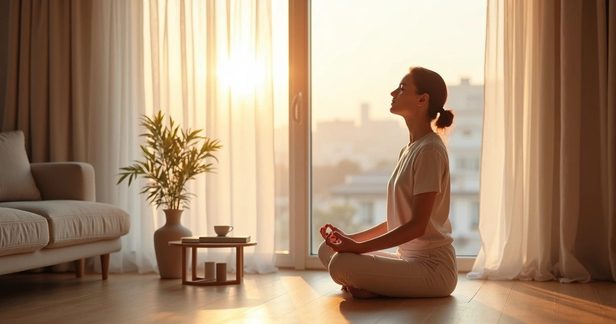 Mulher sentada perto da janela praticando desapego emocional em meditação 