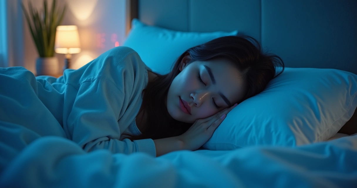 Mulher deitada na cama, olhos fechados, expressão relaxada 