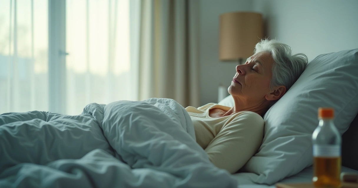 Mulher deitada na cama olhando para o teto pensativa. Saiba como o canabidiol atua na fibromialgia