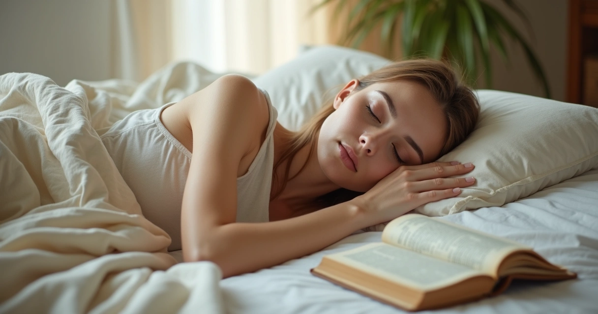 Mulher repousando tranquila em cama, transmitindo paz. 