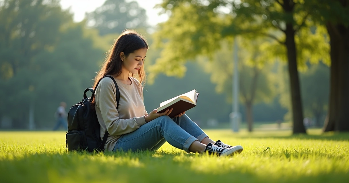 Pessoa lendo um livro sentada na grama em um parque 