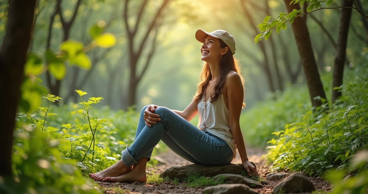 Mulher sorridente relaxando em meio à natureza, sentada em uma pedra com vegetação ao redor