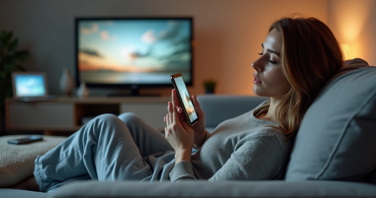 Mulher deitada no sofá com celular, distraída pelo uso de telas 
