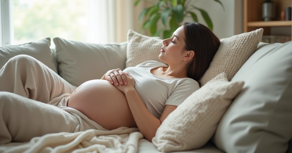 Mulher grávida descansa relaxada em sofá com almofadas e luz suave 