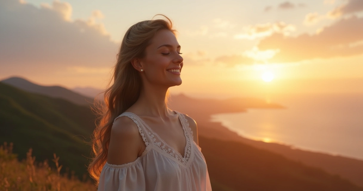 Mulher com expressão serena olhando para o horizonte, luz suave refletindo em seu rosto 