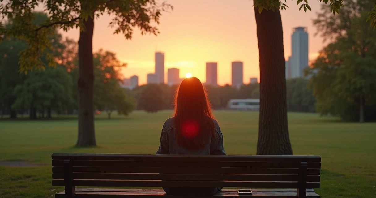Mulher jovem sentada em um parque olhando para o horizonte ao por do sol, com o celular guardado sobre o banco