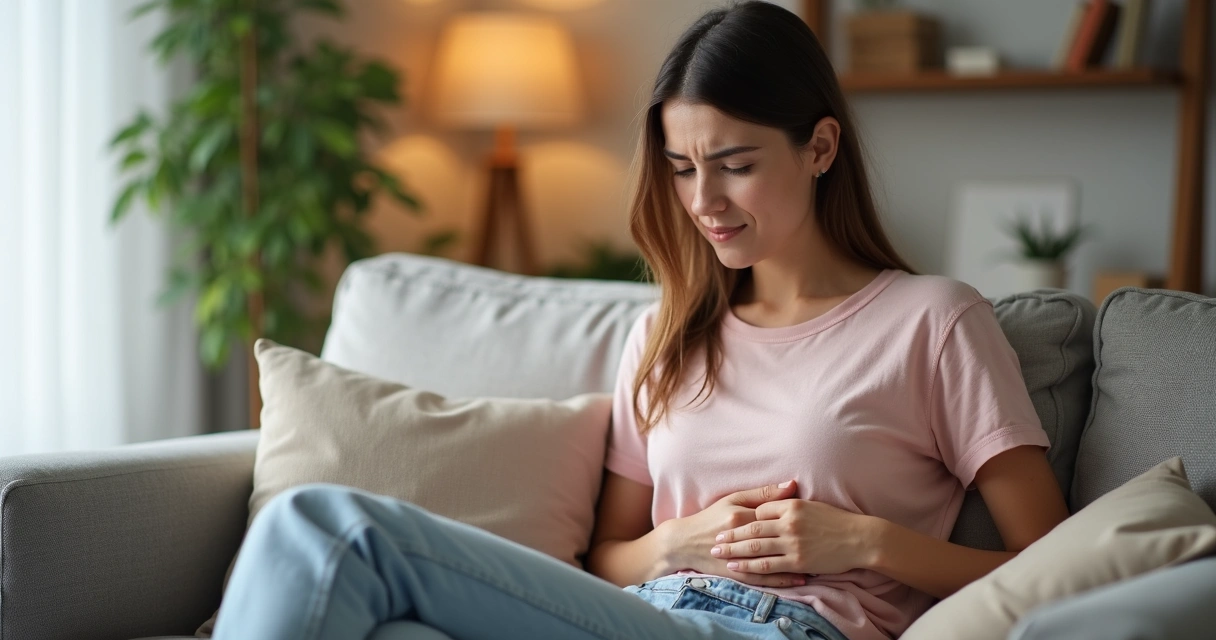 Mulher com expressão de dor segurando a barriga 