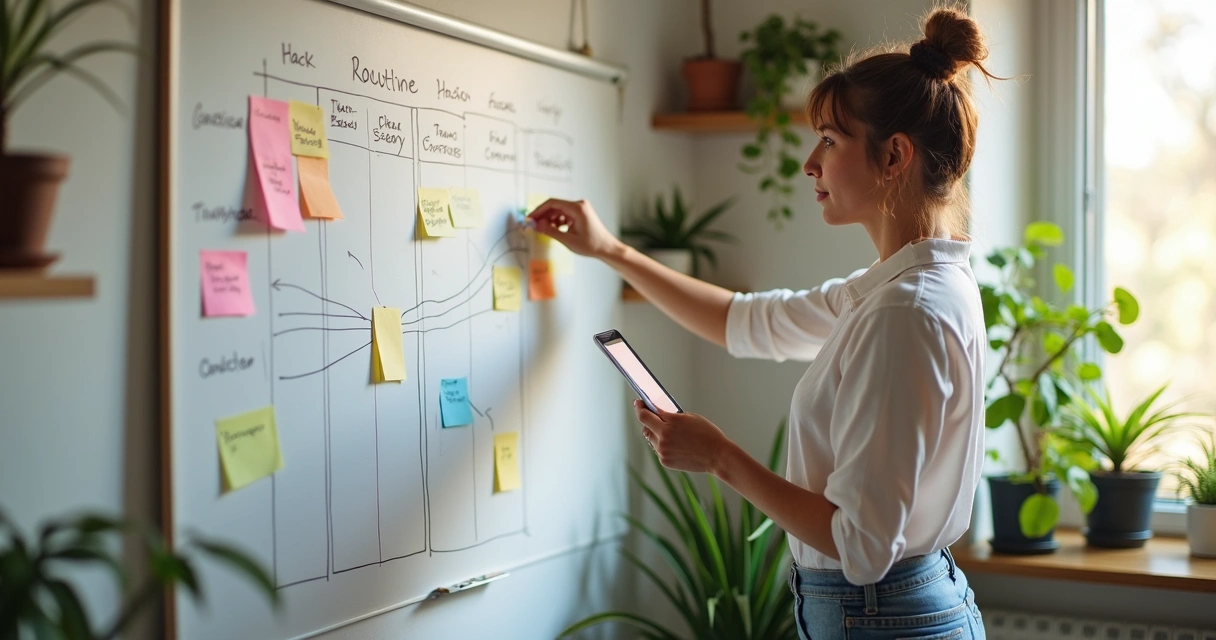 Mulher desenhando rotina de micro-hábitos em quadro branco 
