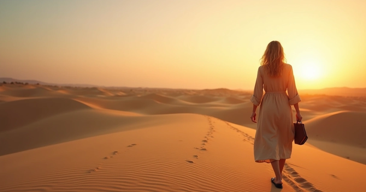 Mulher caminhando sozinha no deserto carregando uma Bíblia ao entardecer 