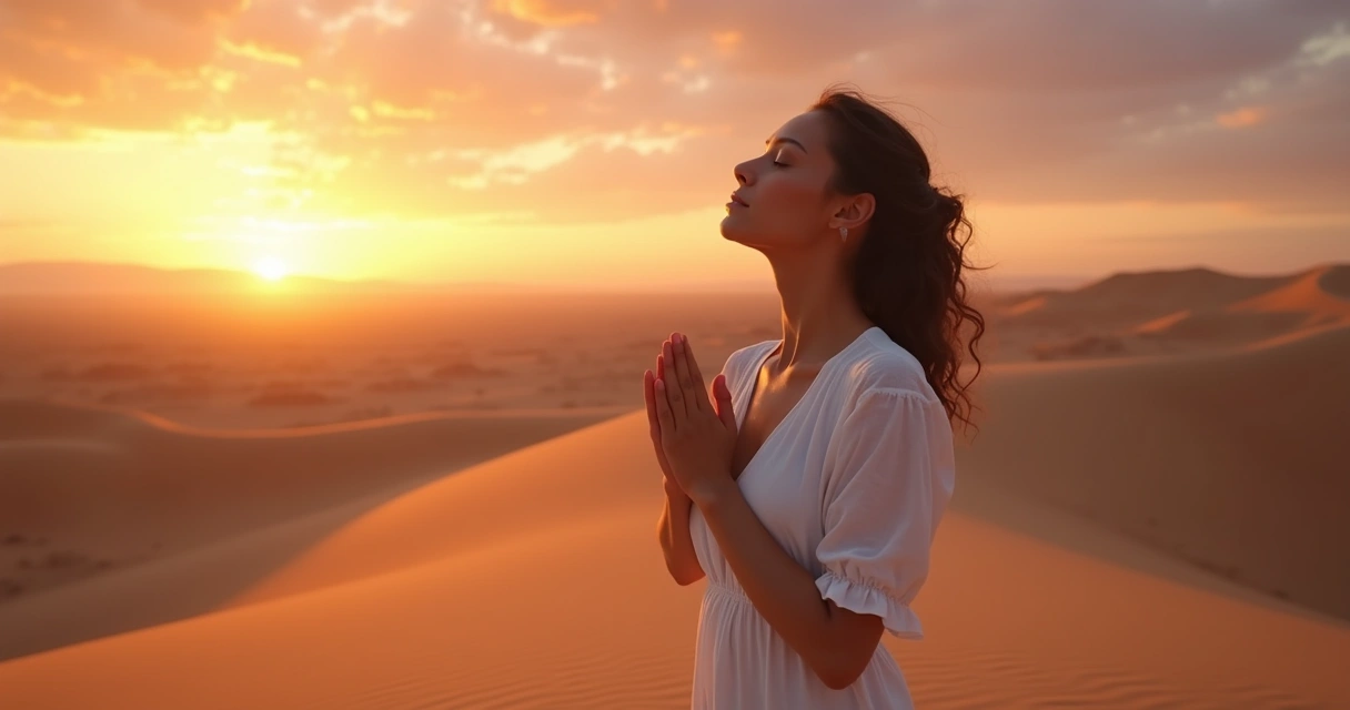 Mulher de olhos fechados, mãos juntas orando no deserto ao entardecer