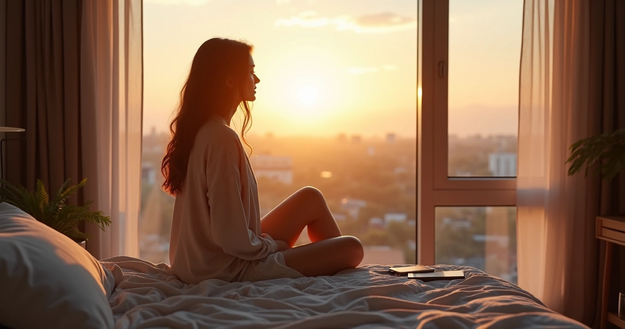 Mulher sentada à beira da cama abrindo a janela ao amanhecer 