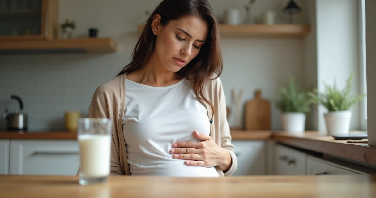 Mulher segurando abdome após beber leite 