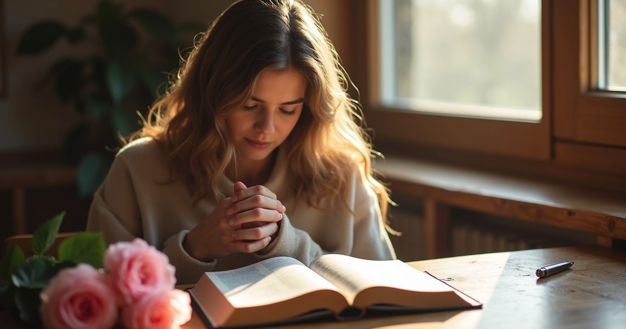 Mulher com Bíblia e rosas em mesa de madeira 