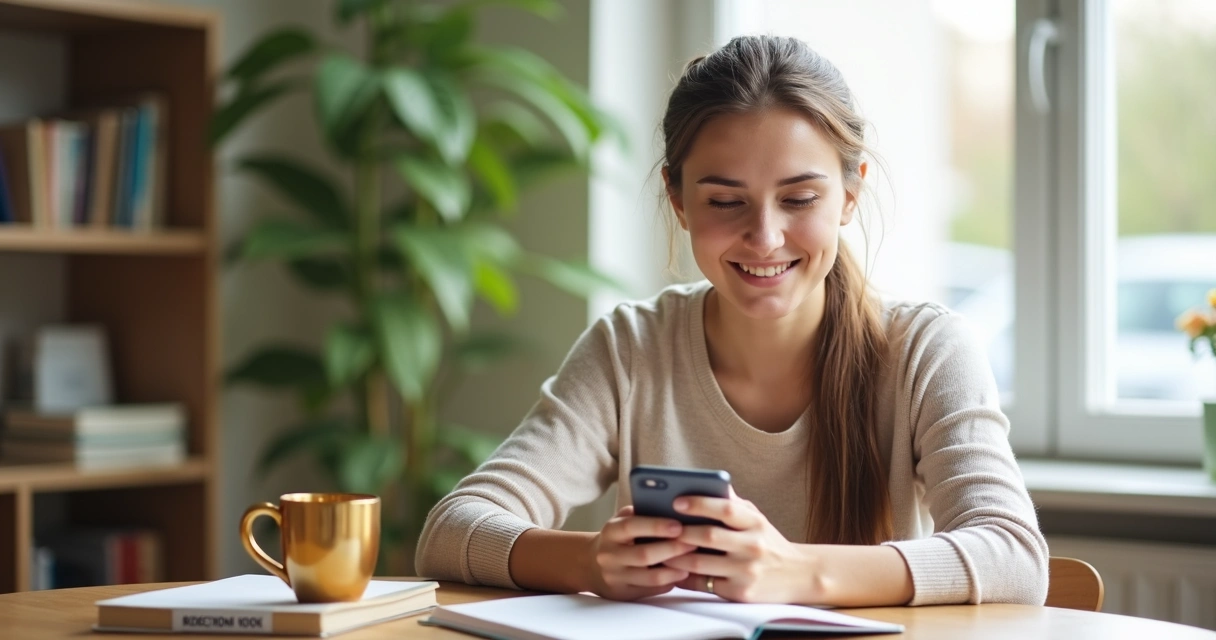 Mulher estudando a Bíblia com devocional e caderno 