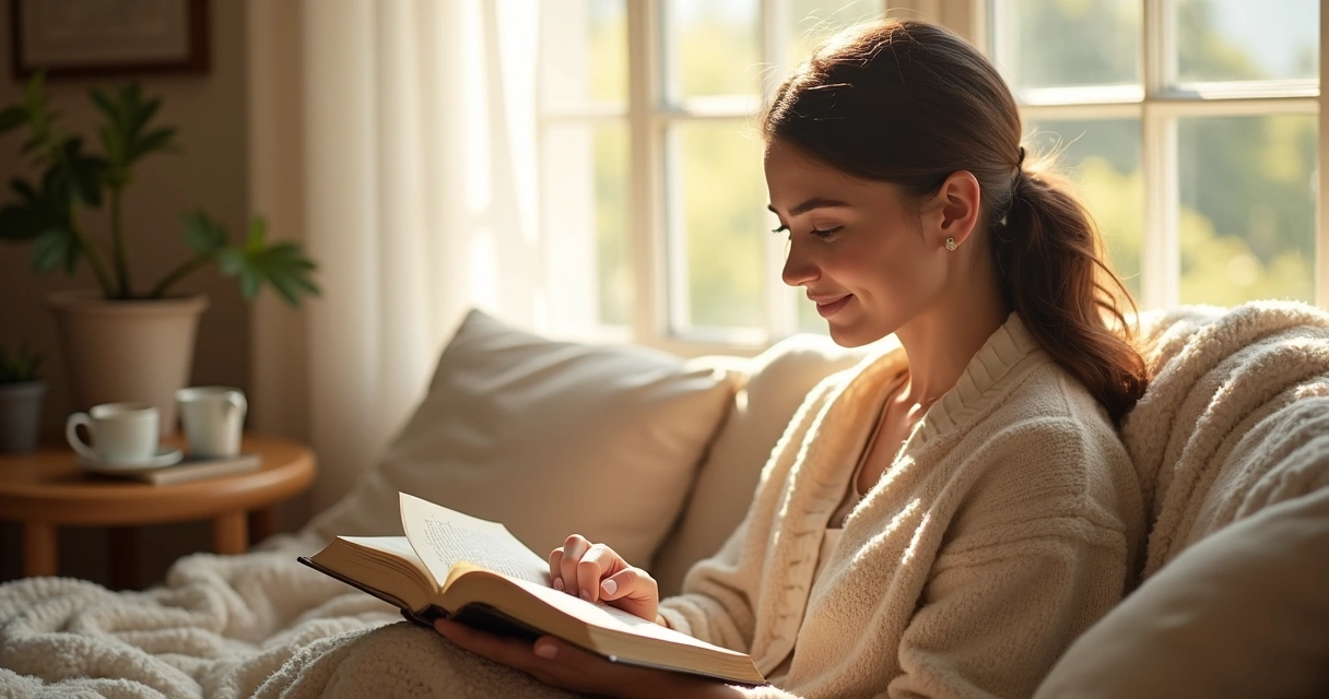 Mulher lendo devocional com bíblia aberta e expressão de esperança