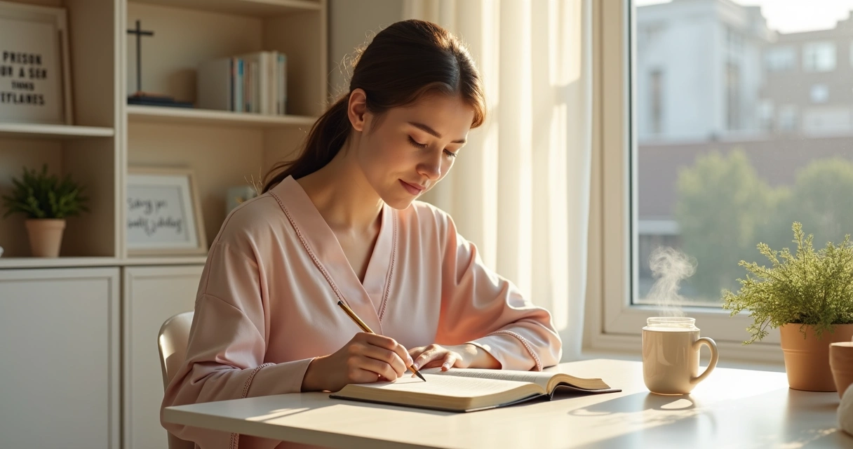 Mulher fazendo devocional matinal com Bíblia aberta e caderno de anotações 