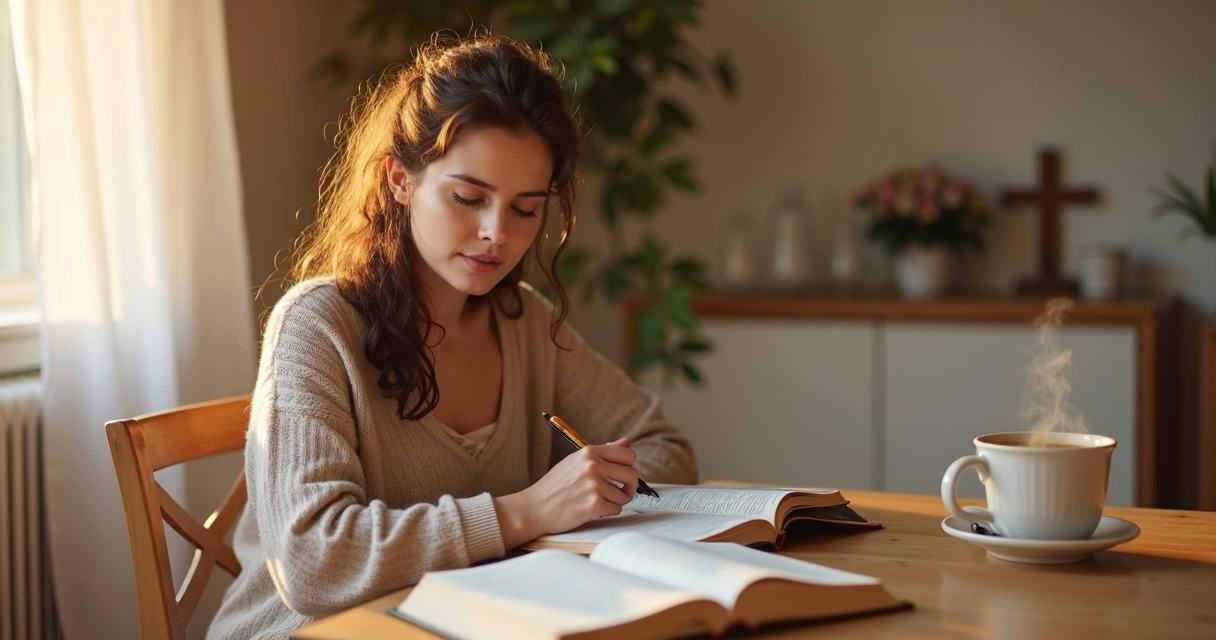 Mulher adulta lendo devocional ao lado de caderno na mesa ao amanhecer 