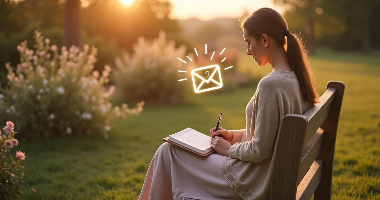 Mulher cristã escrevendo devocional ao ar livre com tablet e envelope de e-mail desenhado no céu 