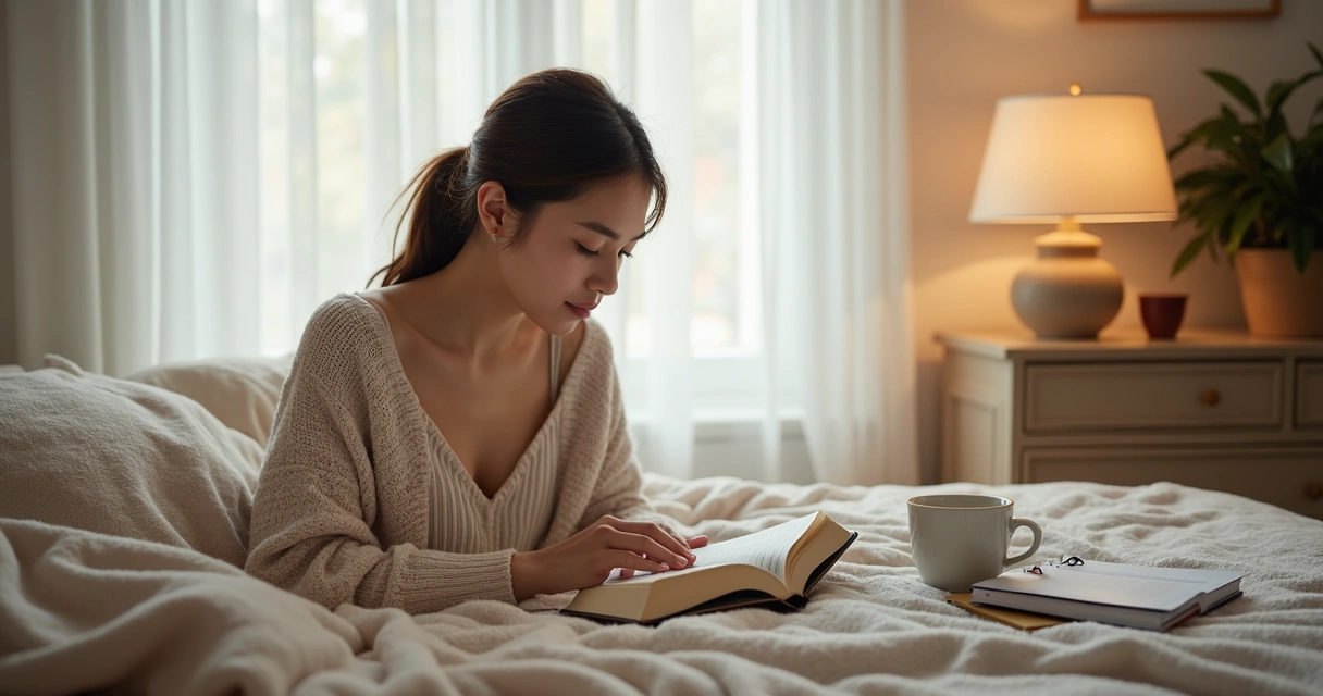 Mulher sentada à mesa lendo um livro devocional com a janela ao fundo