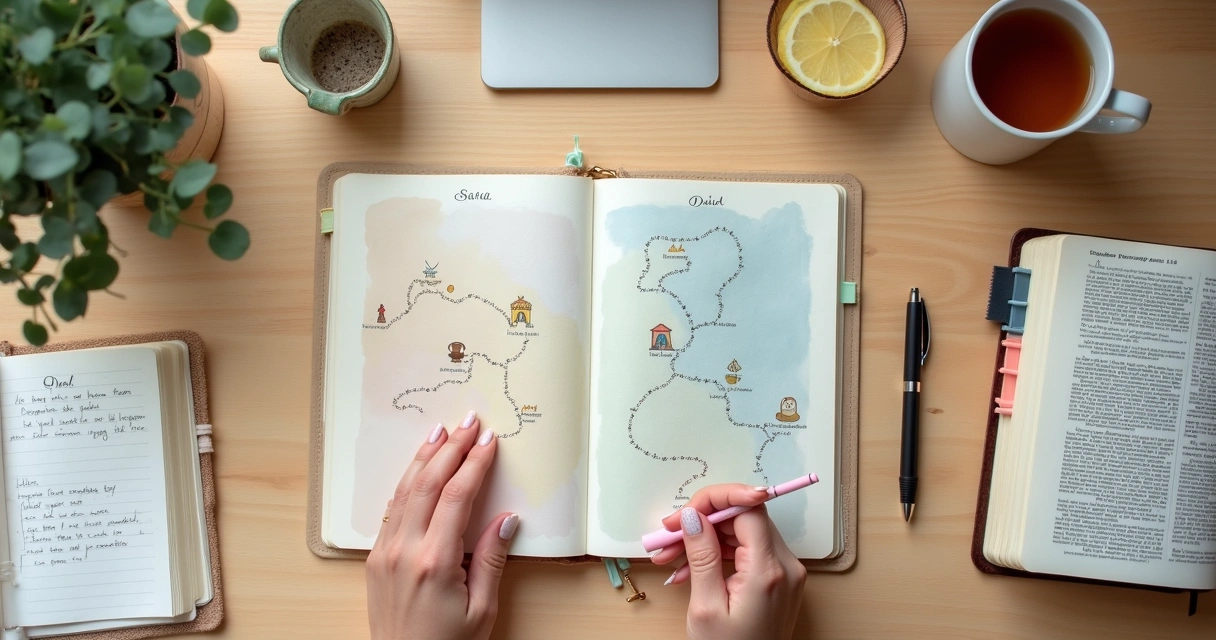Mulher marcando devocional em mapa de leitura bíblica sobre a mesa 