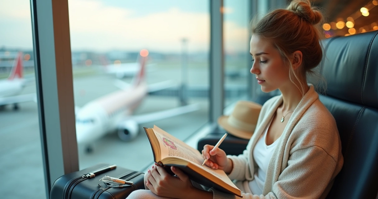 Mulher cristã lendo devocional em viagem com mala ao lado 
