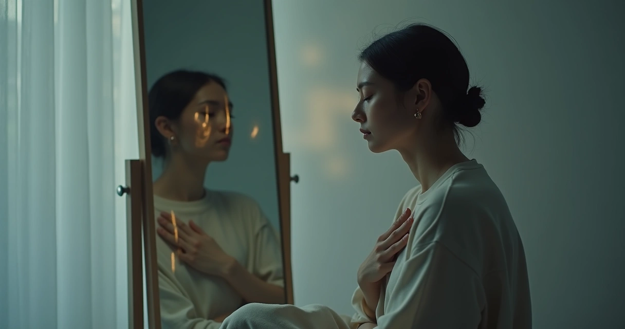 Pessoa de olhos fechados diante de um espelho com reflexo fragmentado 