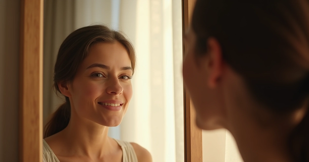 Mulher diante do espelho, focando no seu próprio olhar e expressão confiante 