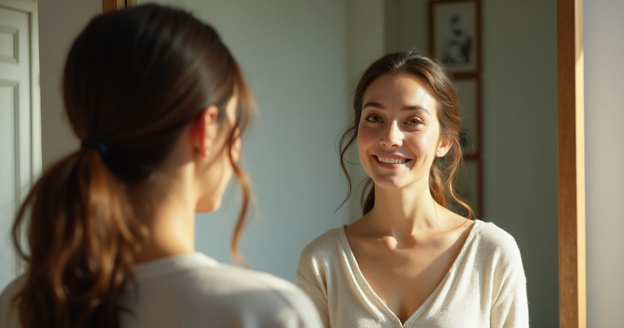 Mulher encarando o próprio reflexo em espelho grande 