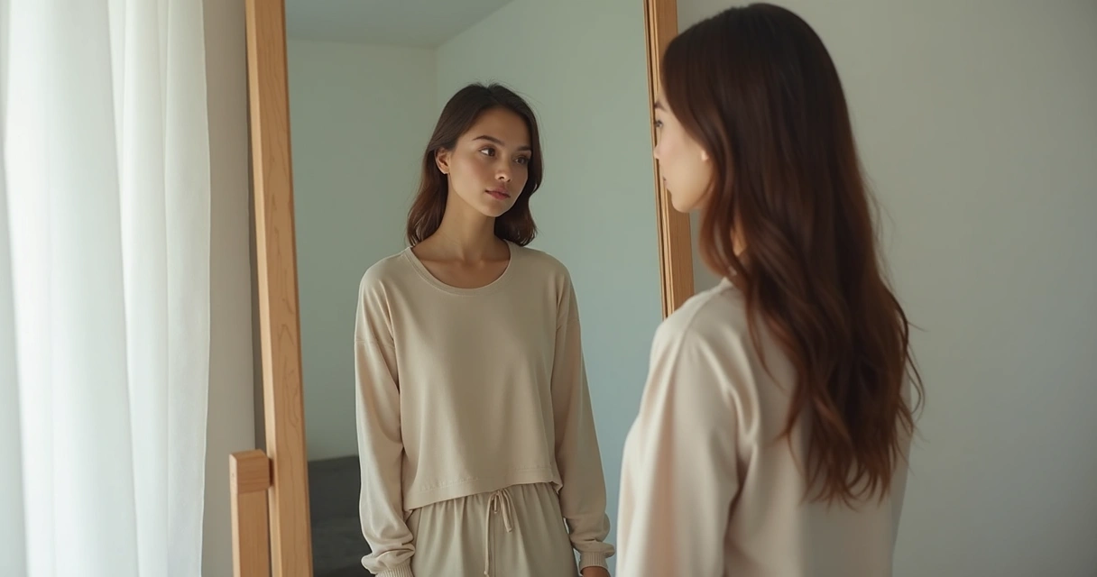 Mulher diante de um espelho refletindo sobre suas escolhas 
