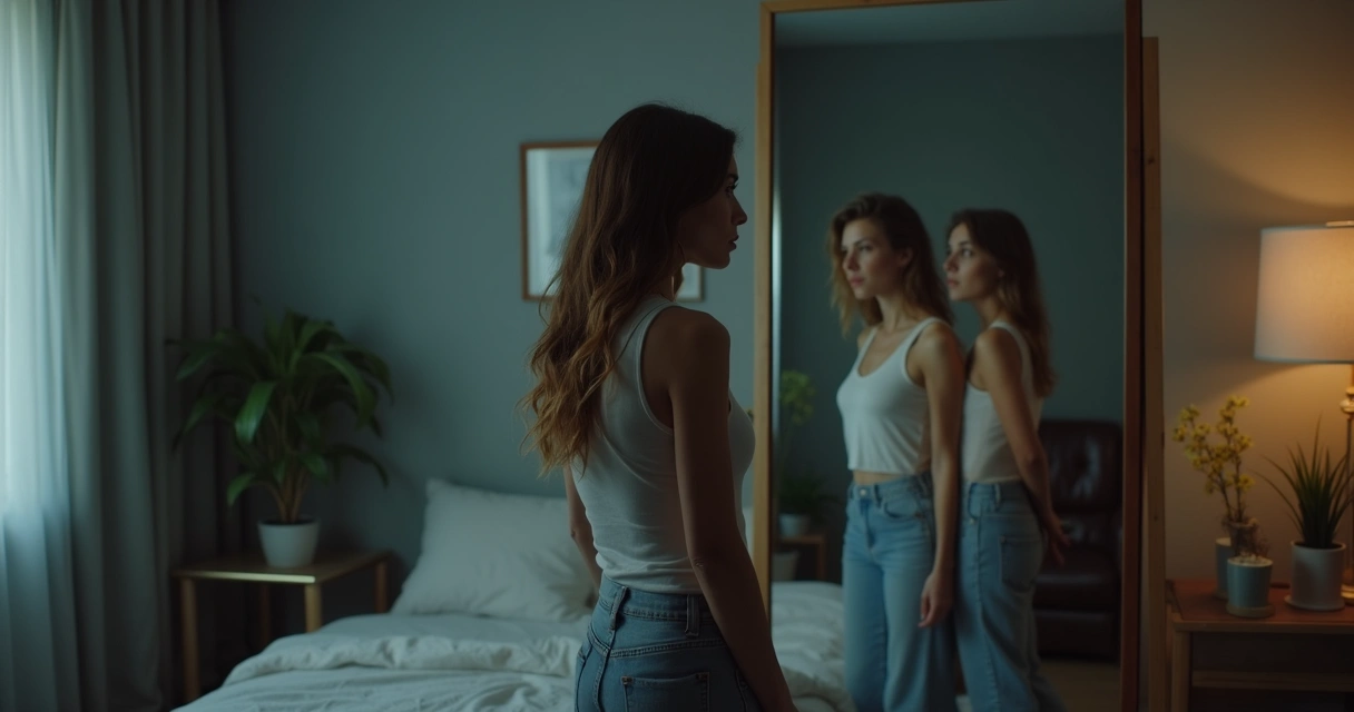 Mulher olhando para o espelho com expressão pensativa, refletindo sobre si mesma 