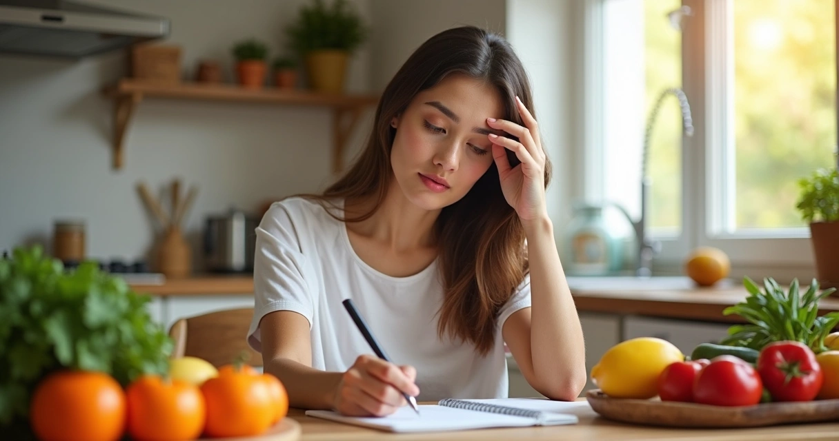 Mulher olhando para um diário alimentar sentada em mesa de cozinha 