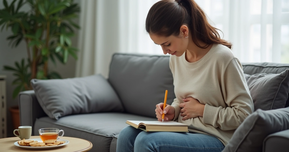 Mulher escreve diário alimentar sentada com a mão no abdome 