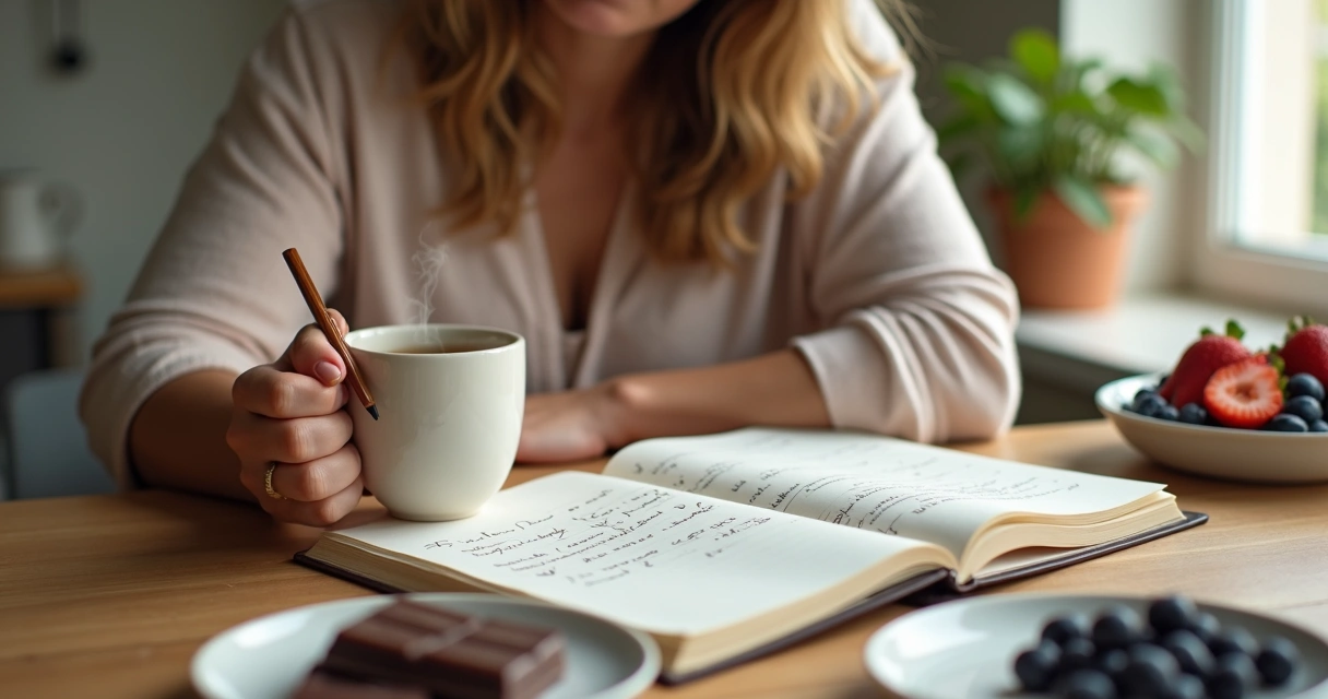 Mulher escrevendo diário alimentar emocional com chá em mesa de madeira 