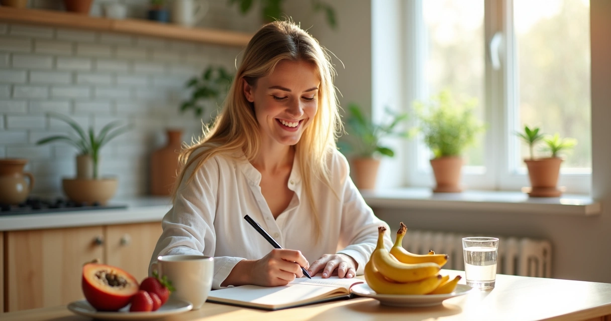 Mulher anotando diário alimentar na mesa com frutas e chá ao lado. 