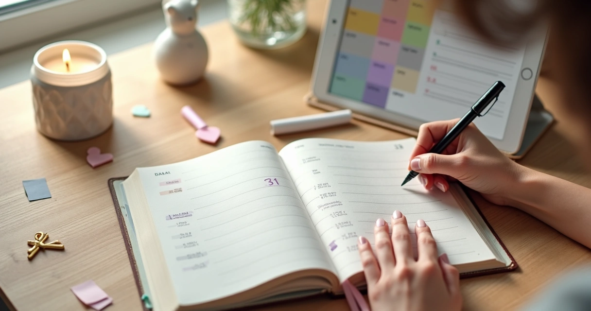 Mulher escreve em diário de oração ao lado de Bíblia aberta e números dos dias até a Páscoa destacados 