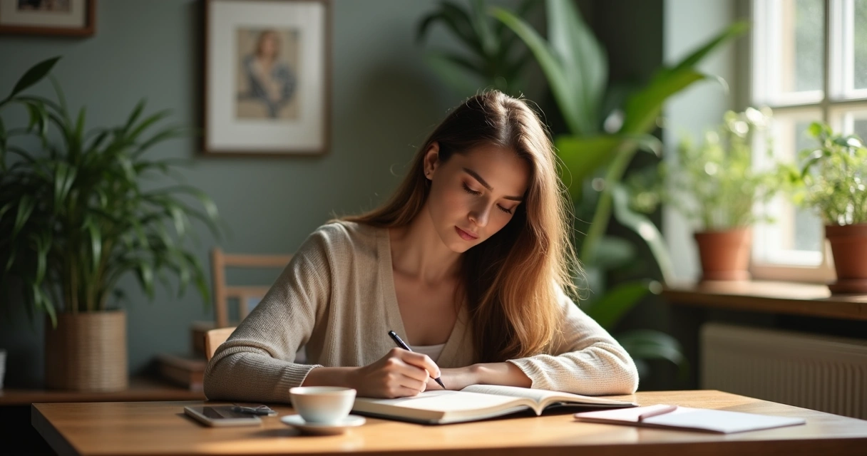 Mulher escreve em diário sentada à mesa 
