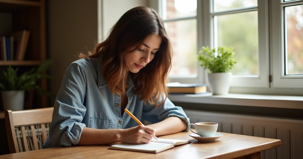 Mulher escrevendo em diário em mesa de madeira